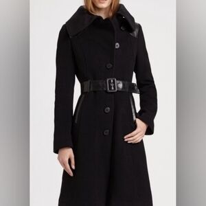 Mackage Black Wool Cashmere Belted Coat w/ Genuine Leather Trim- L Luxe Coat